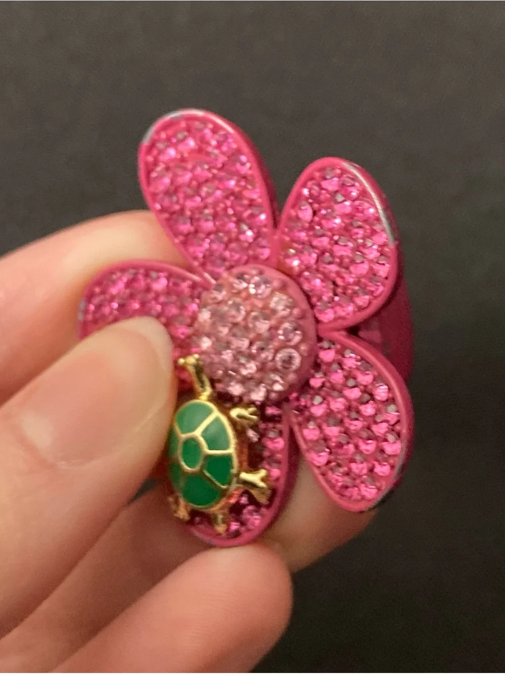 ⭐️ Vintage Y2K Large Chunky Rhinestone Embellished Turtle Flower Ring Size 2